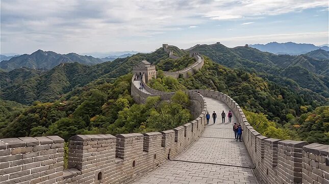 Typical view of Great Wall of China restored Mutianyu section, double crenels and wide stone paved walkway, Beijing, China.