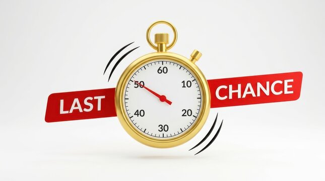 A golden stopwatch displaying 50 seconds, with red text last chance on a white background.