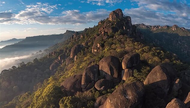 Aerial beautiful view of rocky hill mountain, Southern India.
