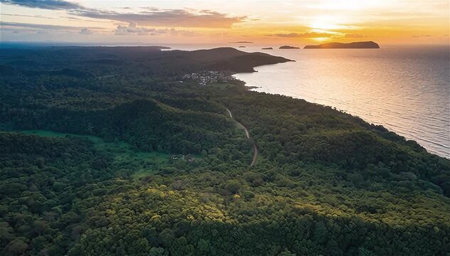 Aerial view of lush green forest with sunset in Kribi, Cameroon, west Africa.
