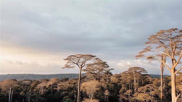 Aerial view of lush green forest with sunset in Kribi, Cameroon, west Africa.
