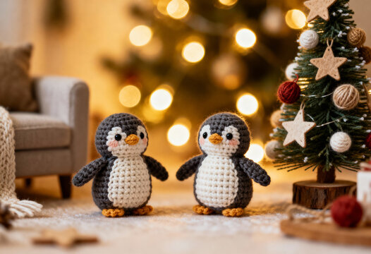 Two cute handmade crocheted amigurumi toy penguins standing together in a beautiful cozy festive miniature room setting with a small sofa, decorated holiday tree and warm bokeh lights.