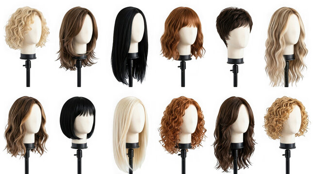 Collection of various female wig styles and colors on mannequin heads isolated on transparent background