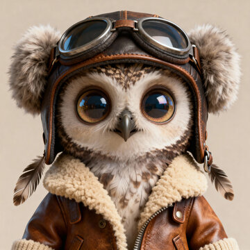 Adorable fluffy baby owl portrait with big expressive eyes, dressed as a cute vintage aviator pilot wearing a brown leather flight helmet, retro goggles and warm shearling jacket.
