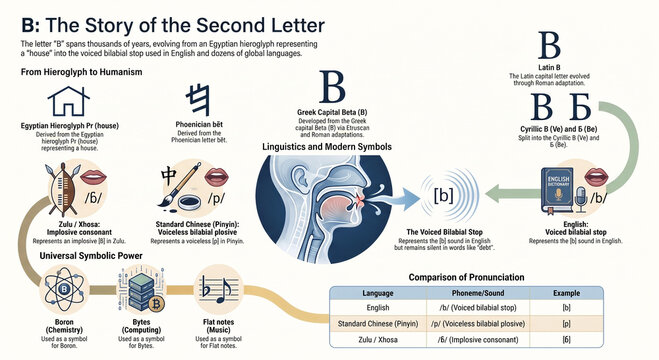 Educational infographic exploring the letter B, its origins, pronunciation, alphabet history, linguistic evolution and modern language usage.