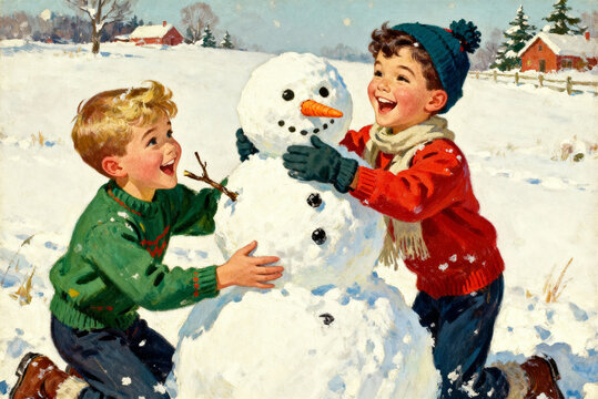 Charming vintage illustration of two cheerful young boys in warm winter clothes happily building a classic snowman together in a beautiful snowy countryside with falling snow.