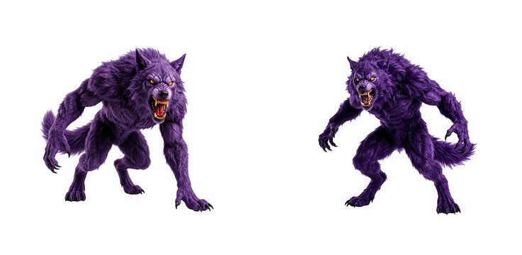 Two aggressive purple werewolf creatures isolated on transparent background