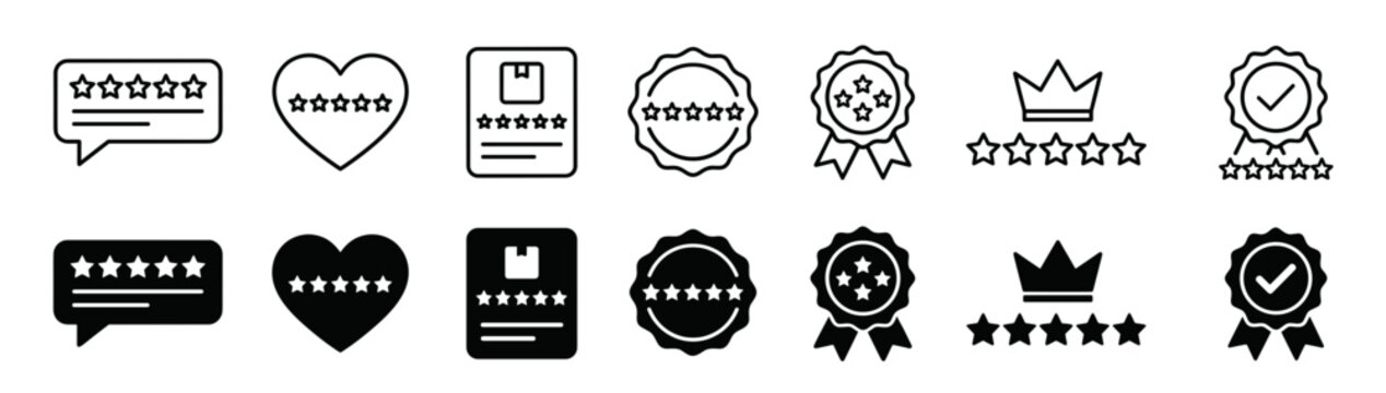 Review icons featuring speech bubbles and heart shapes provide a versatile set of feedback communication symbols.