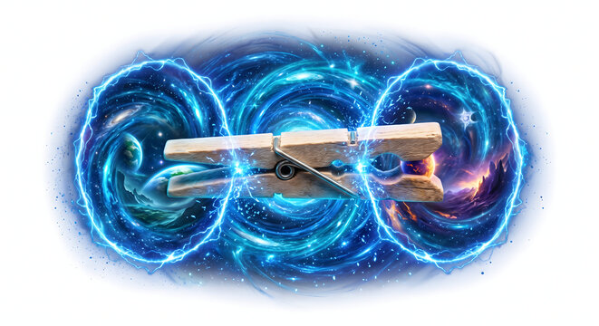 Surreal digital art of a wooden clothespin bridging glowing blue cosmic portals with planets and space nebulae on a white background