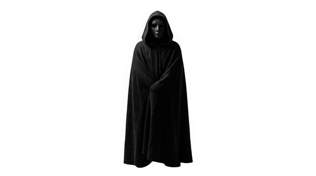 A mysterious figure in a black hooded cloak and mask isolated on transparent background