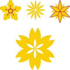 Obraz premium Four stylized decorative blossom elements are appearing in a bright yellow and red color palette, offering versatile design assets for various creative projects