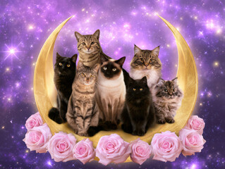 Naklejka premium Whiskered Celestial Kittens Dreamy Moonlit Roses Cosmic Fur Portraits Under