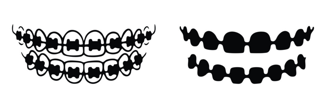 Dental Braces Vector Icon Set, Teeth with Orthodontic Braces Line Art and Silhouette