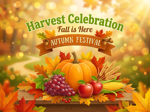 Autumn harvest festival celebration banner. Pumpkin and seasonal fruits with fall leaves.