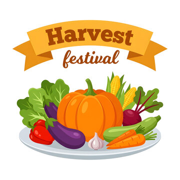 Harvest festival banner with fresh vegetables. Autumn produce illustration on a plate.
