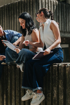 Three students sit on a concrete wall with notebooks and study materials. Two women and a man share notes and laugh while studying outside.