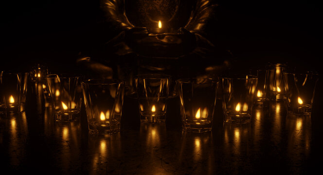 3D Rendering of candlelight in glasses in front of a Buddha statue