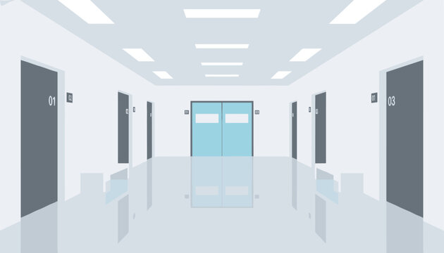 Clean perspective view of a hospital corridor hallway with numbered gray doors and blue double doors at the end.