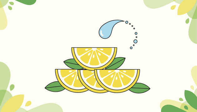 Stack of fresh yellow lemon slices in a pyramid with green leaves and a falling water droplet on a light background.