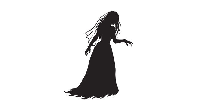 Helloween Spooky ghost bride silhouette vector, creepy woman in tattered wedding dress, gothic horror character for Halloween design and dark fantasy art vector