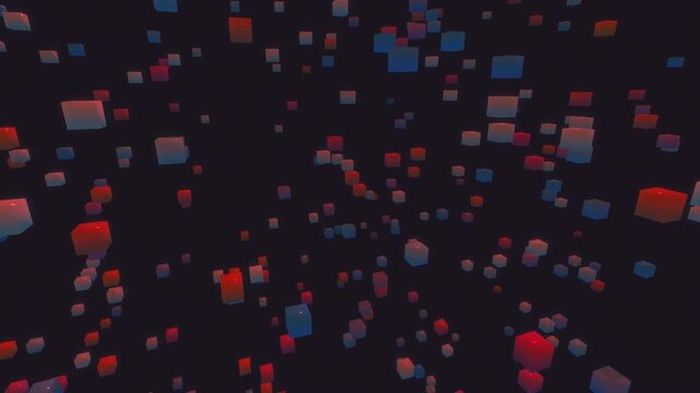 Neon red and blue glowing cubes swarm through a pitch dark space in a seamless 3D animation loop for tech intro backgrounds