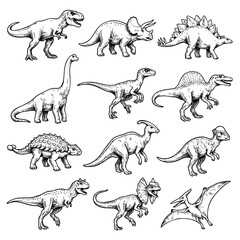 Realistic Hand Drawn Dinosaur Collection Black and White Vintage Vector Illustration © DANI