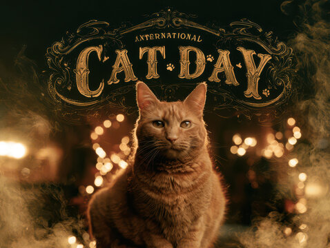 Cozy Holiday Portrait of a Relaxed Orange Tabby Cat with Sparkling Warm Lighting