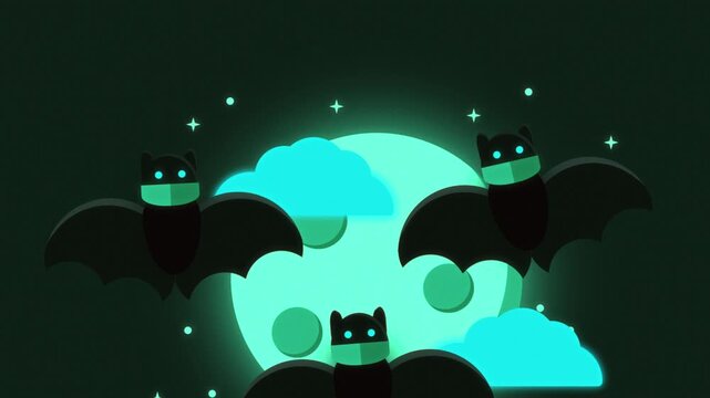 Cyan glowing bats flying past a luminous mint full moon in a stylized flat cartoon 3D animation loop for spooky Halloween backgrounds