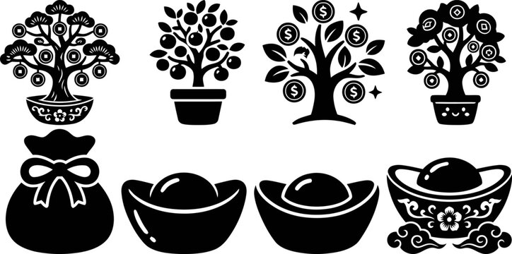 Chinese money tree icons set, black silhouette wealth symbols with gold sycee and lucky money bag, oriental prosperity vector elements for lunar new year