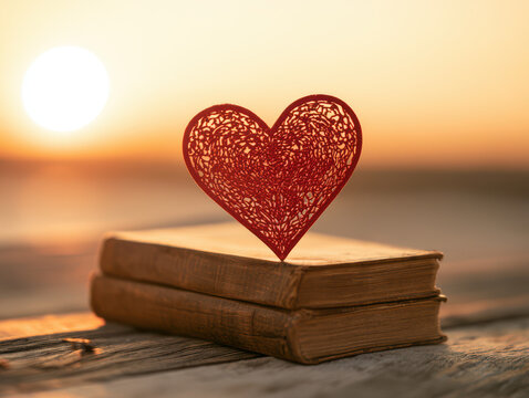 Sunset Love Story A Glittering Stack of Red Paperbacks by the Ocean&rsquo;s Warm
