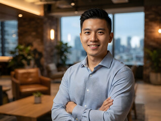 Fototapeta premium Young man in light blue button‑up shirt with arms crossed standing indoors, candid portrait in modern office lounge with large windows, cityscape view, leather chairs, plants and warm ambient lighting