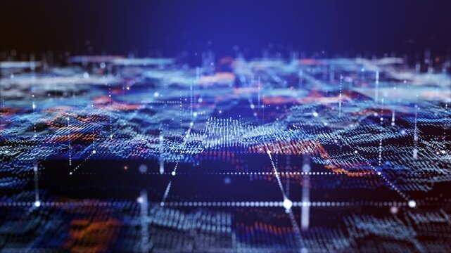 Abstract futuristic digital landscape grid with rising blue and orange neon light particles.