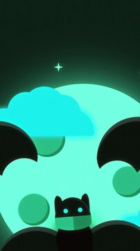 Vertical animation background of glowing cyan bats hovering around a full moon for spooky Halloween mobile stories and vertical reels