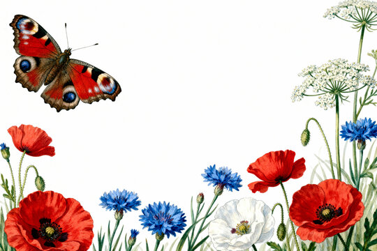 Beautiful watercolor botanical illustration featuring a colorful peacock butterfly gracefully flying above vibrant red poppies and blue cornflowers on a pure white background.