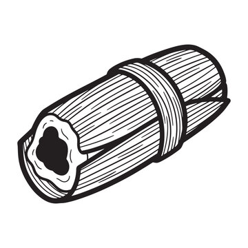 Black and white line of a traditional tamale wrapped in corn husks, isolated on a white background, food