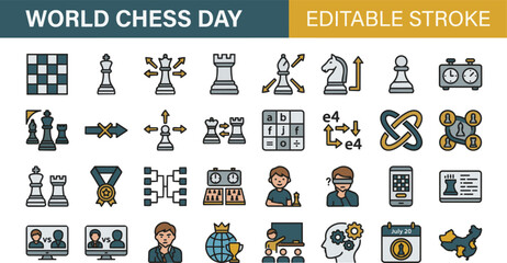 Chess board game strategy icons set with flat line icons on transparent background Editable Stroke. © icon_vectors