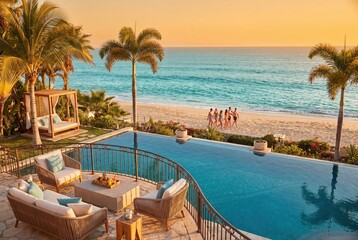 Fototapeta premium Luxury resort swimming pool and tropical beach sunset summer vacation
