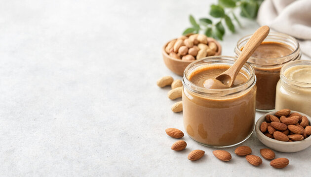 Almond butter in glass jars displayed with whole almonds and bowls, placed on a light surface with copy space for text. Natural tones and clean minimal styling for food branding.