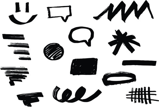Hand drawn grunge elements set. Abstract shapes, arrows, speech bubbles, brush strokes, scribbles.