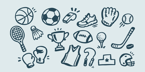 Sports Equipment Doodle Vector Set Illustration