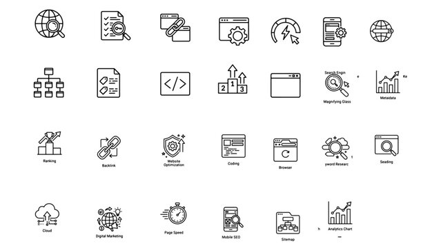 SEO and Digital Marketing Outline Icon Set with Search, Analytics, Backlink and Website Optimization