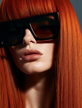 Bewegtes Beauty-Portr&auml;t einer rothaarigen Frau mit futuristischer schwarzer Sonnenbrille. Modernes Fashionvideo zu Haarmode, Stil, Luxus, Selbstbewusstsein und Trend&auml;sthetik.