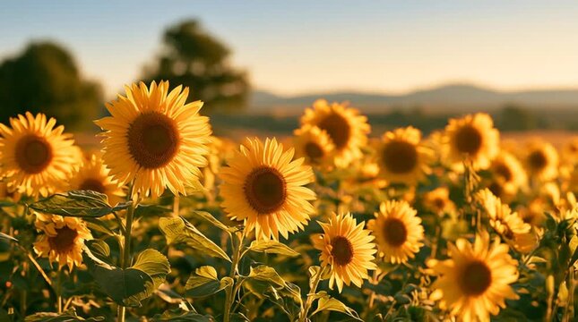 Bl&uuml;hendes Sonnenblumenfeld im warmen Abendlicht. Sommerliche Agrarlandschaft mit gelben Bl&uuml;ten, nachhaltiger Landwirtschaft, Natur, Wachstum und goldener Stimmung.