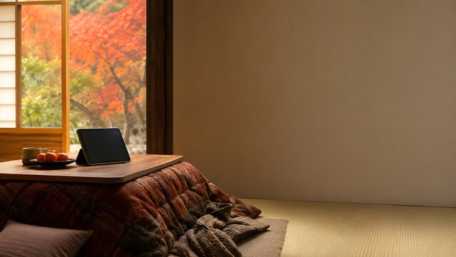 Cozy Japanese living room interior with kotatsu table, oranges and digital tablet with autumn foliage view outside window