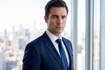 Fototapeta premium Confident businessman in blue suit standing corporate office window view