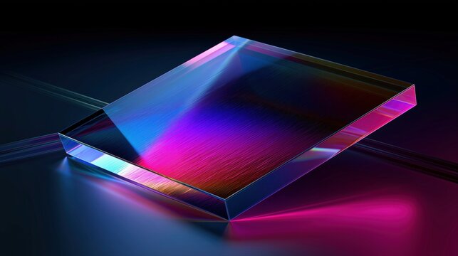 Neon glass rectangular slab on dark reflective background with magenta and blue glow for futuristic technology banner design.

