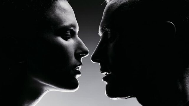 Black and white side profile of man and woman face to face close together. Dramatic lighting, romance and intense intimacy concept
