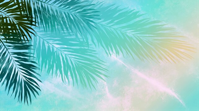 Tropical palm leaf shadows on soft turquoise pastel background with dreamy sunlight for summer travel branding and resort design.

