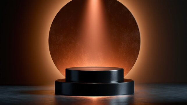
Luxury black podium stage with dramatic spotlight and glowing circular backdrop for premium product display branding and advertising design.

