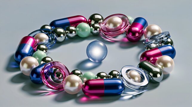 Futuristic luxury bracelet with pearls capsules and chrome beads on clean background for fashion branding and jewelry design.

